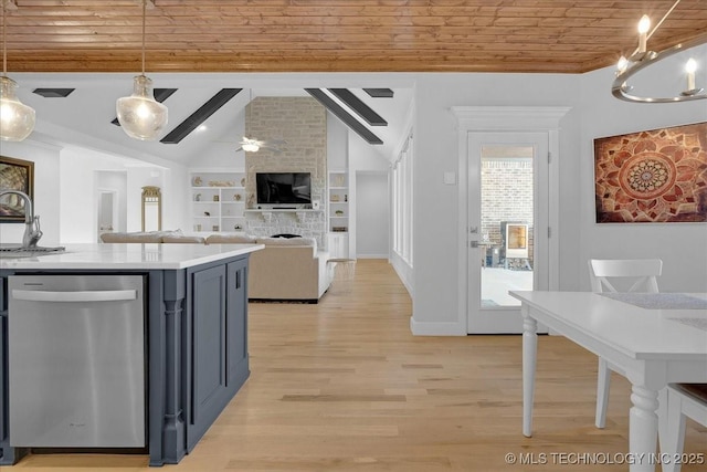 12754 S Irvington Ave, Tulsa, OK 74137 - kitchen with light countertops, light wood-type flooring, wood ceiling, and stainless steel dishwasher