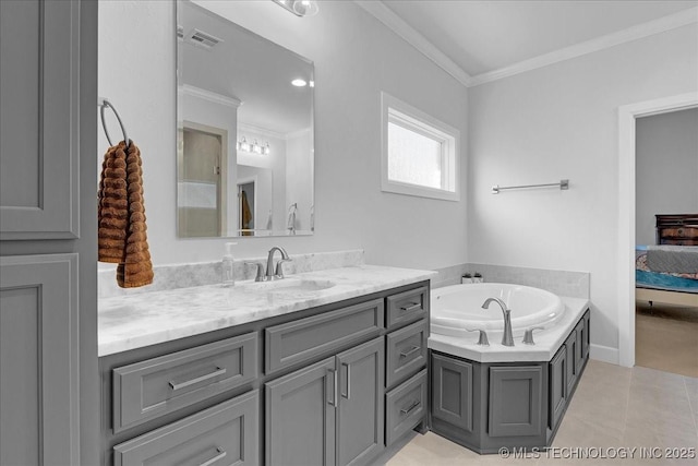 12754 S Irvington Ave, Tulsa, OK 74137 - ensuite bathroom featuring a garden tub, ensuite bathroom, vanity, ornamental molding, and visible vents