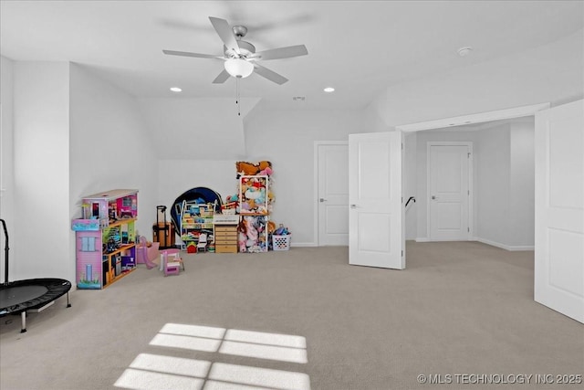 12754 S Irvington Ave, Tulsa, OK 74137 - recreation room with ceiling fan, recessed lighting, lofted ceiling, and carpet