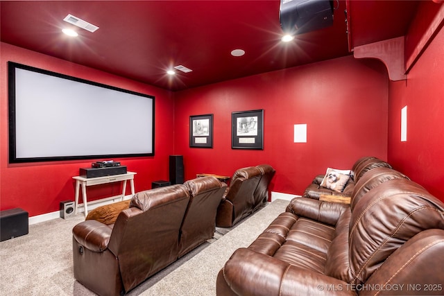 home theater room with recessed lighting, carpet floors, visible vents, and baseboards