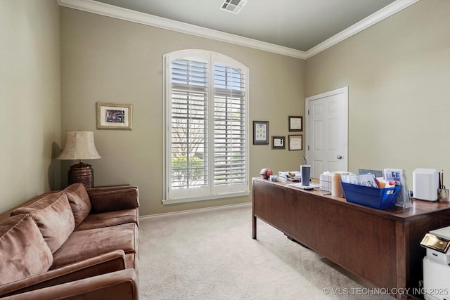 10135 S 78th E Ave, Tulsa, OK 74133 - home office featuring light carpet, crown molding, visible vents, and baseboards