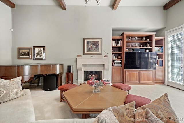 10135 S 78th E Ave, Tulsa, OK 74133 - living area with carpet flooring, beamed ceiling, and a premium fireplace