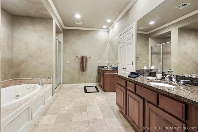 10135 S 78th E Ave, Tulsa, OK 74133 - bathroom with a sink, a stall shower, visible vents, a whirlpool tub, and crown molding