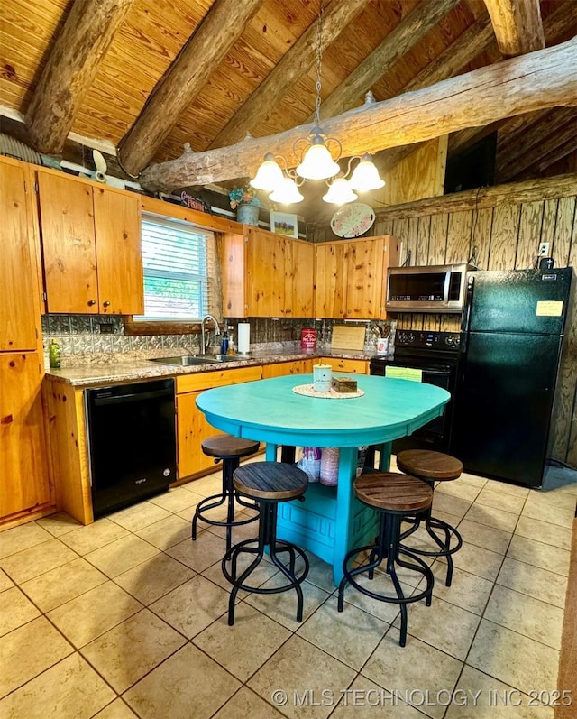 139 N Bk 1800 Rd, Stigler, OK 74462 - kitchen featuring black appliances, wooden ceiling, a sink, light tile patterned floors, and decorative backsplash
