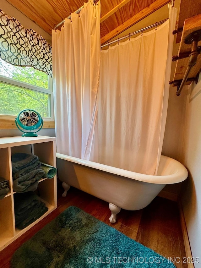 139 N Bk 1800 Rd, Stigler, OK 74462 - full bathroom featuring wooden ceiling, wood finished floors, and shower / bath combo