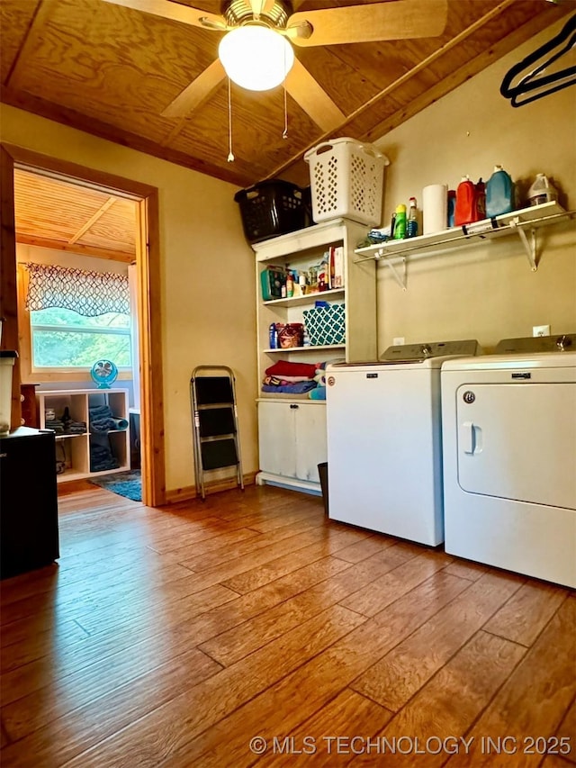 139 N Bk 1800 Rd, Stigler, OK 74462 - washroom with washer and clothes dryer, wood ceiling, hardwood / wood-style flooring, and ceiling fan