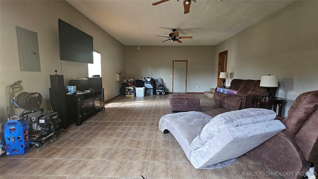506 S Delaware Ave, Okmulgee, OK 74447 - living room featuring electric panel and ceiling fan