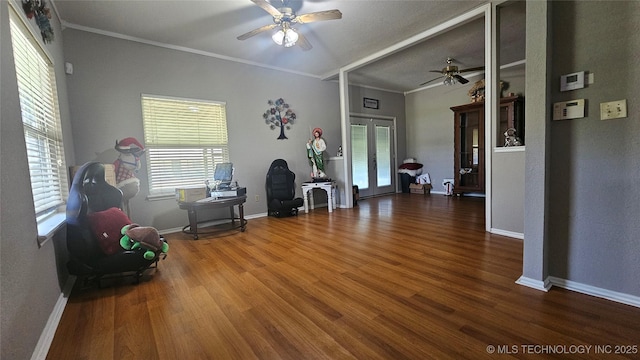 506 S Delaware Ave, Okmulgee, OK 74447 - living area with wood finished floors, a ceiling fan, and ornamental molding