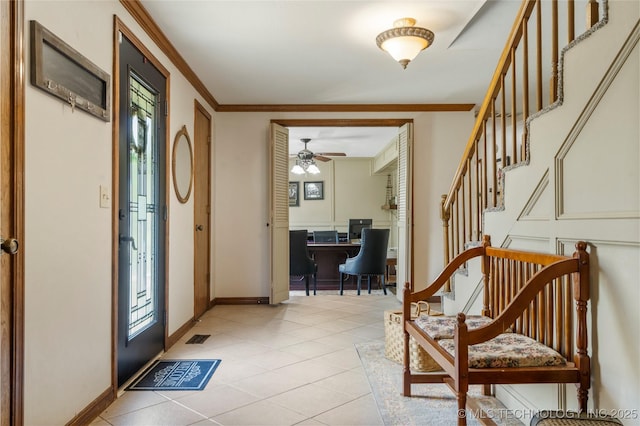 10421 S Richmond Pl, Tulsa, OK 74137 - foyer featuring stairway, visible vents, light tile patterned floors, crown molding, and ceiling fan