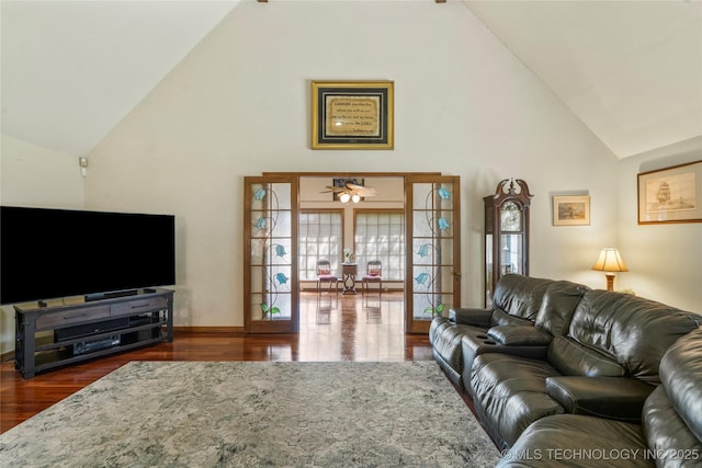 10421 S Richmond Pl, Tulsa, OK 74137 - living area featuring a ceiling fan, wood finished floors, and high vaulted ceiling