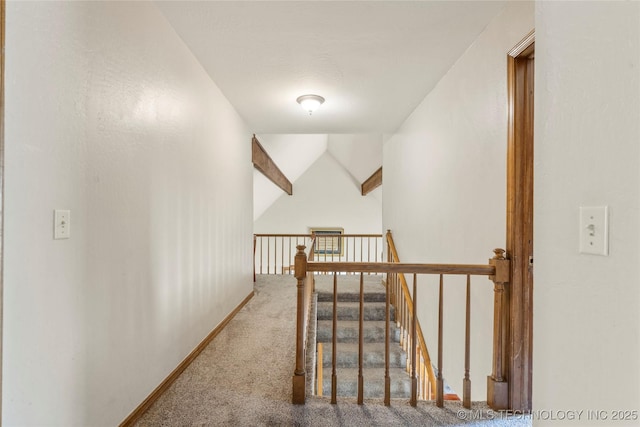 10421 S Richmond Pl, Tulsa, OK 74137 - hallway featuring carpet, vaulted ceiling with beams, and an upstairs landing