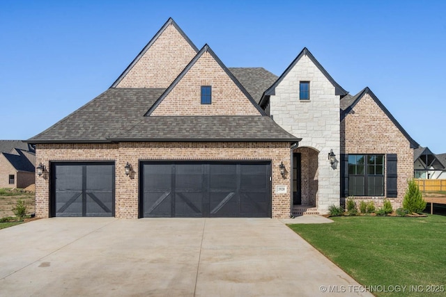 french provincial home with brick siding, concrete driveway, a front lawn, a garage, and roof with shingles
