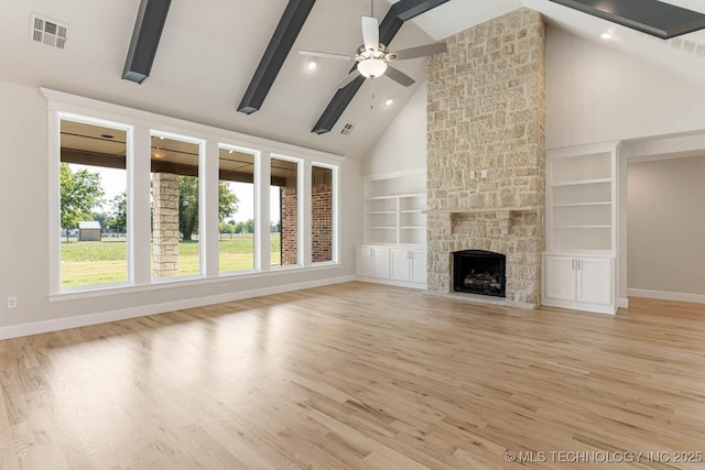 unfurnished living room with high vaulted ceiling, visible vents, baseboards, built in shelves, and ceiling fan