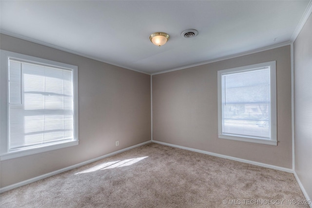 spare room with carpet floors, a wealth of natural light, crown molding, and baseboards