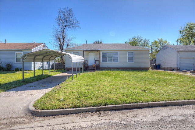 bungalow featuring a detached carport, crawl space, a front yard, and concrete driveway