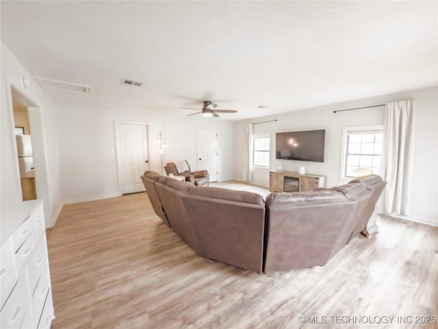 322 E Maple St, Skiatook, OK 74070 - living room featuring baseboards, visible vents, ceiling fan, and light wood-style floors
