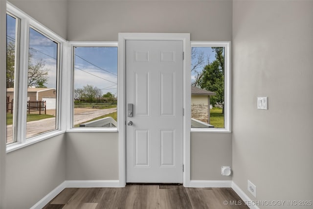 doorway to outside featuring wood finished floors, baseboards, and a wealth of natural light