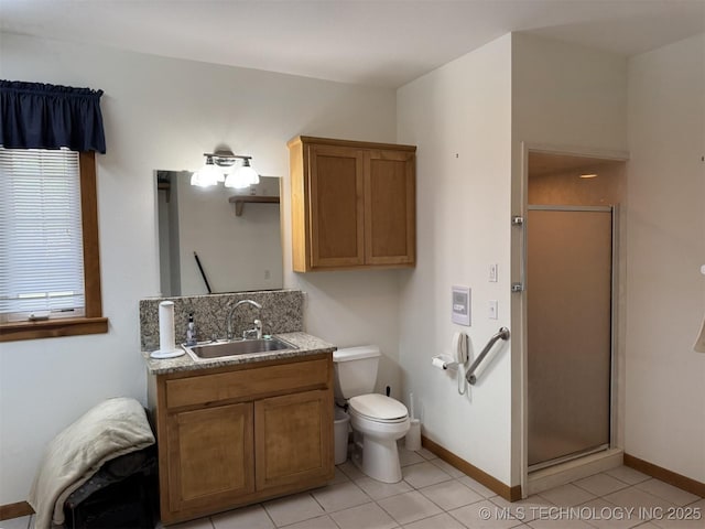 bathroom featuring tile patterned flooring, a shower stall, toilet, and vanity