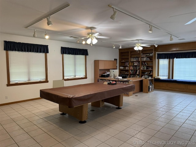 402325 W 2100th Rd, Bartlesville, OK 74006 - game room with track lighting, light tile patterned flooring, ceiling fan, and billiards