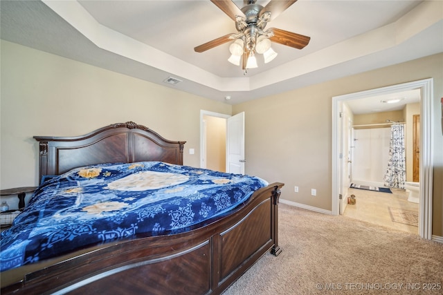 54555 E 340th Rd, Jay, OK 74346 - bedroom featuring ceiling fan, light carpet, a tray ceiling, baseboards, and visible vents