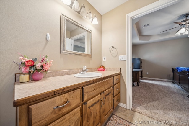 54555 E 340th Rd, Jay, OK 74346 - bathroom with baseboards, visible vents, a ceiling fan, and vanity