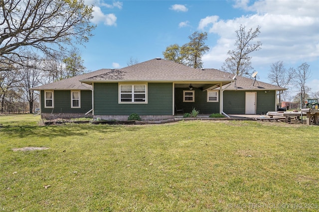 54555 E 340th Rd, Jay, OK 74346 - rear view of house featuring a patio area, a yard, a shingled roof, and ceiling fan