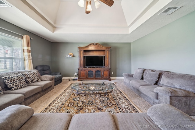 54555 E 340th Rd, Jay, OK 74346 - carpeted living area with ceiling fan, baseboards, vaulted ceiling, and visible vents