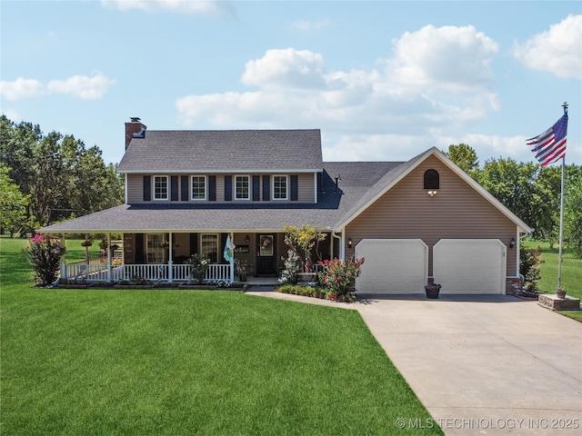 view of front facade with a front lawn, driveway, a porch, a chimney, and an attached garage