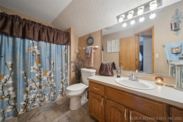 bathroom featuring a textured ceiling, toilet, lofted ceiling, a shower with shower curtain, and vanity