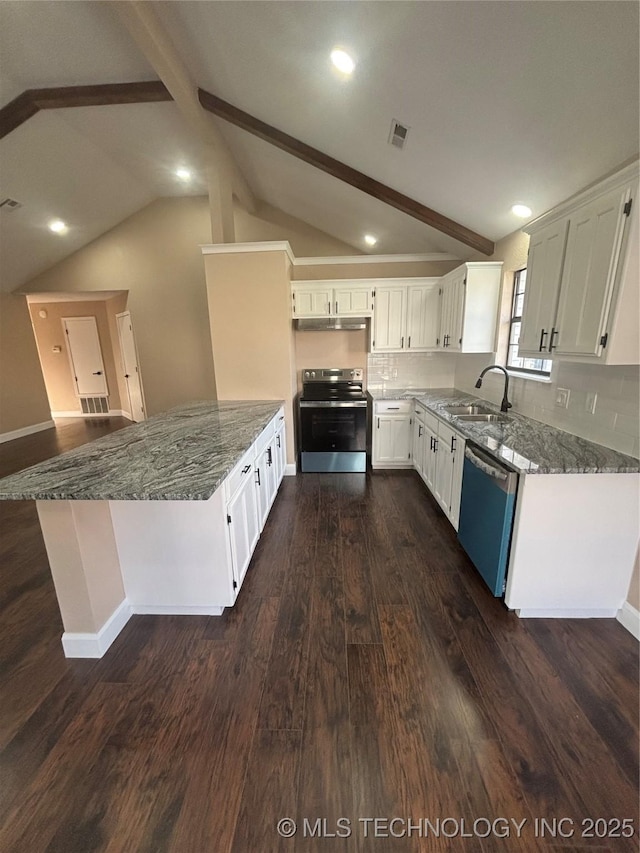 13802 E 19th Pl, Tulsa, OK 74108 - kitchen featuring electric stove, a sink, stone countertops, under cabinet range hood, and dishwashing machine