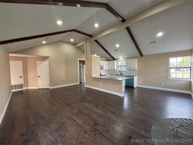 13802 E 19th Pl, Tulsa, OK 74108 - unfurnished living room featuring lofted ceiling with beams, dark wood-style flooring, visible vents, and recessed lighting