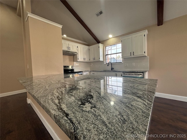 13802 E 19th Pl, Tulsa, OK 74108 - kitchen featuring lofted ceiling with beams, stainless steel appliances, white cabinets, visible vents, and under cabinet range hood
