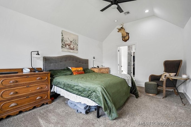 carpeted bedroom featuring vaulted ceiling, ceiling fan, baseboards, visible vents, and recessed lighting