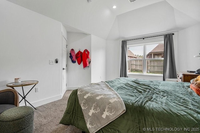 bedroom with vaulted ceiling, baseboards, carpet floors, and recessed lighting