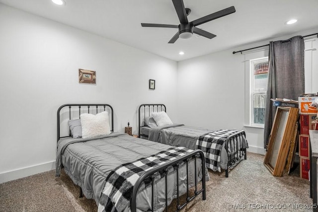 bedroom with baseboards, carpet, recessed lighting, and ceiling fan