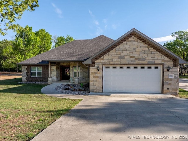 ranch-style home featuring stone siding, an attached garage, driveway, and a front lawn