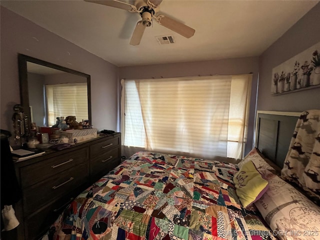 bedroom featuring ceiling fan and visible vents