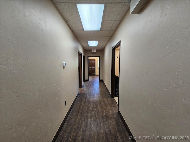 hallway with baseboards, wood finished floors, and a drop ceiling