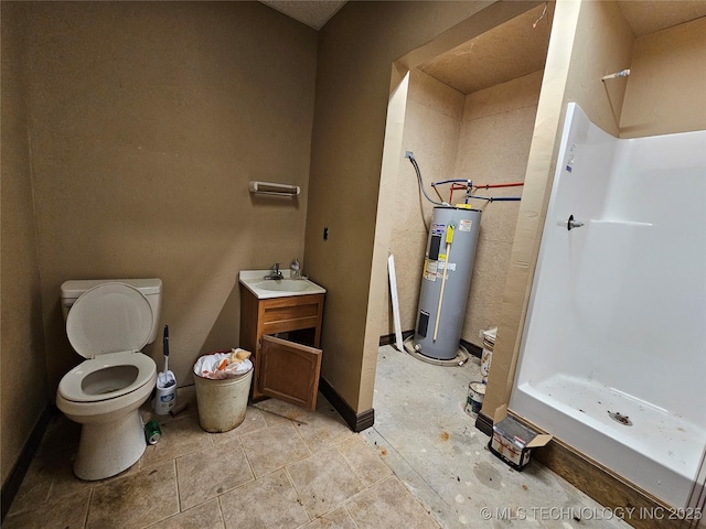 bathroom featuring toilet, water heater, vanity, and a stall shower