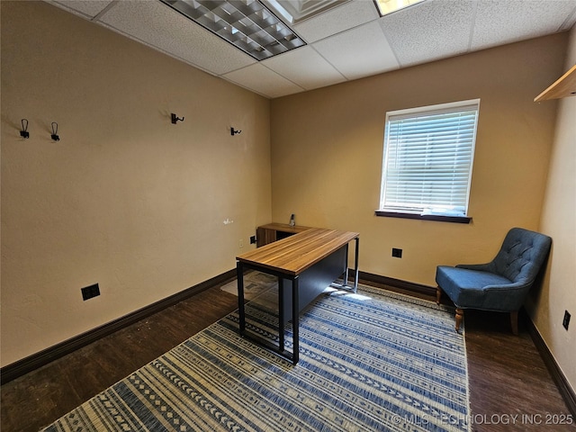 office with baseboards, wood finished floors, and a paneled ceiling