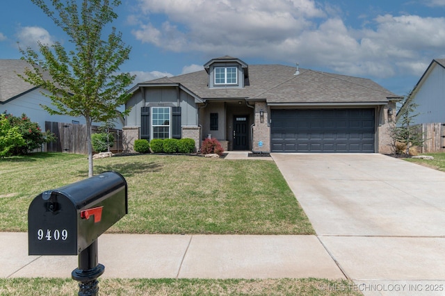 view of front of property with a garage, concrete driveway, fence, a front yard, and brick siding