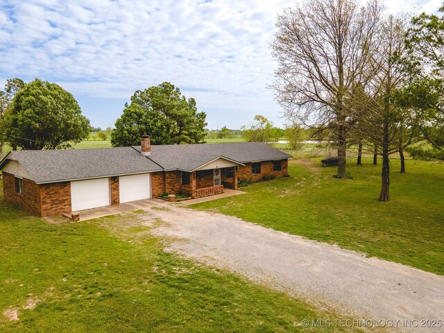 3745 E 420th Rd, Adair, OK 74330 - ranch-style house with an attached garage, a porch, a front lawn, and dirt driveway