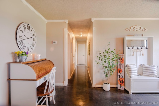 3745 E 420th Rd, Adair, OK 74330 - hall featuring baseboards, a textured ceiling, finished concrete flooring, and ornamental molding