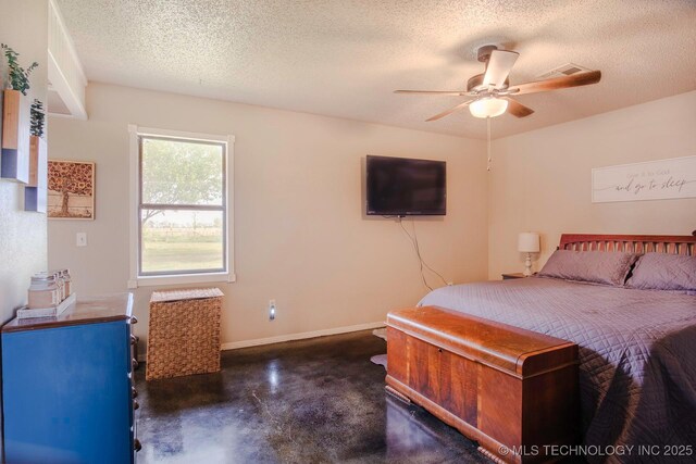 3745 E 420th Rd, Adair, OK 74330 - bedroom featuring a ceiling fan, baseboards, concrete floors, and a textured ceiling