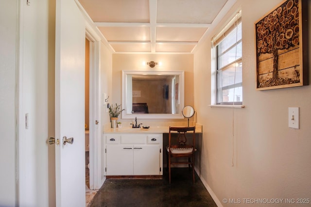 3745 E 420th Rd, Adair, OK 74330 - hallway featuring beamed ceiling, baseboards, a sink, and coffered ceiling