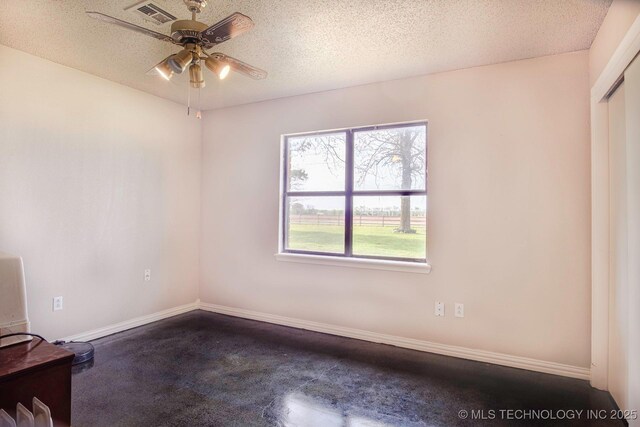 3745 E 420th Rd, Adair, OK 74330 - unfurnished room with a textured ceiling, visible vents, a ceiling fan, and baseboards