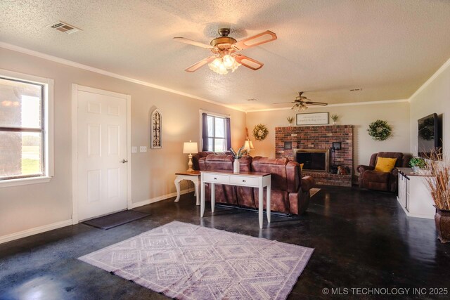 3745 E 420th Rd, Adair, OK 74330 - living area featuring ceiling fan, crown molding, a textured ceiling, and visible vents