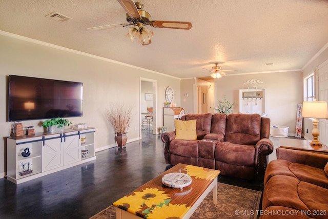 3745 E 420th Rd, Adair, OK 74330 - living room with a ceiling fan, baseboards, a textured ceiling, and concrete floors