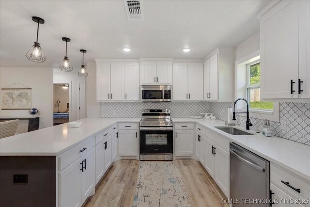 kitchen with visible vents, a sink, a peninsula, appliances with stainless steel finishes, and white cabinetry