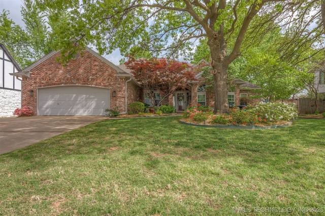 view of front of house featuring brick siding, an attached garage, driveway, and a front yard